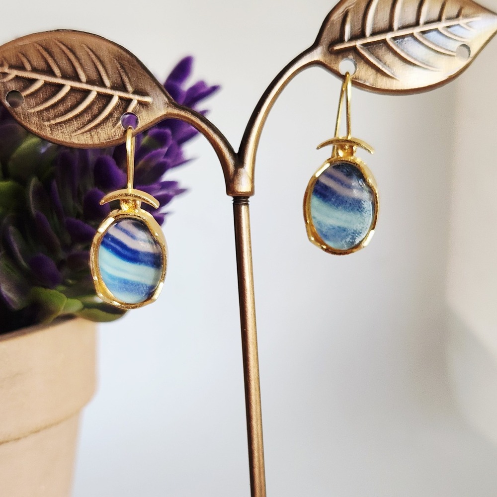 Blue Banded Fluorite Gold Tone Oval Drop Earrings Natural Stone French Wire